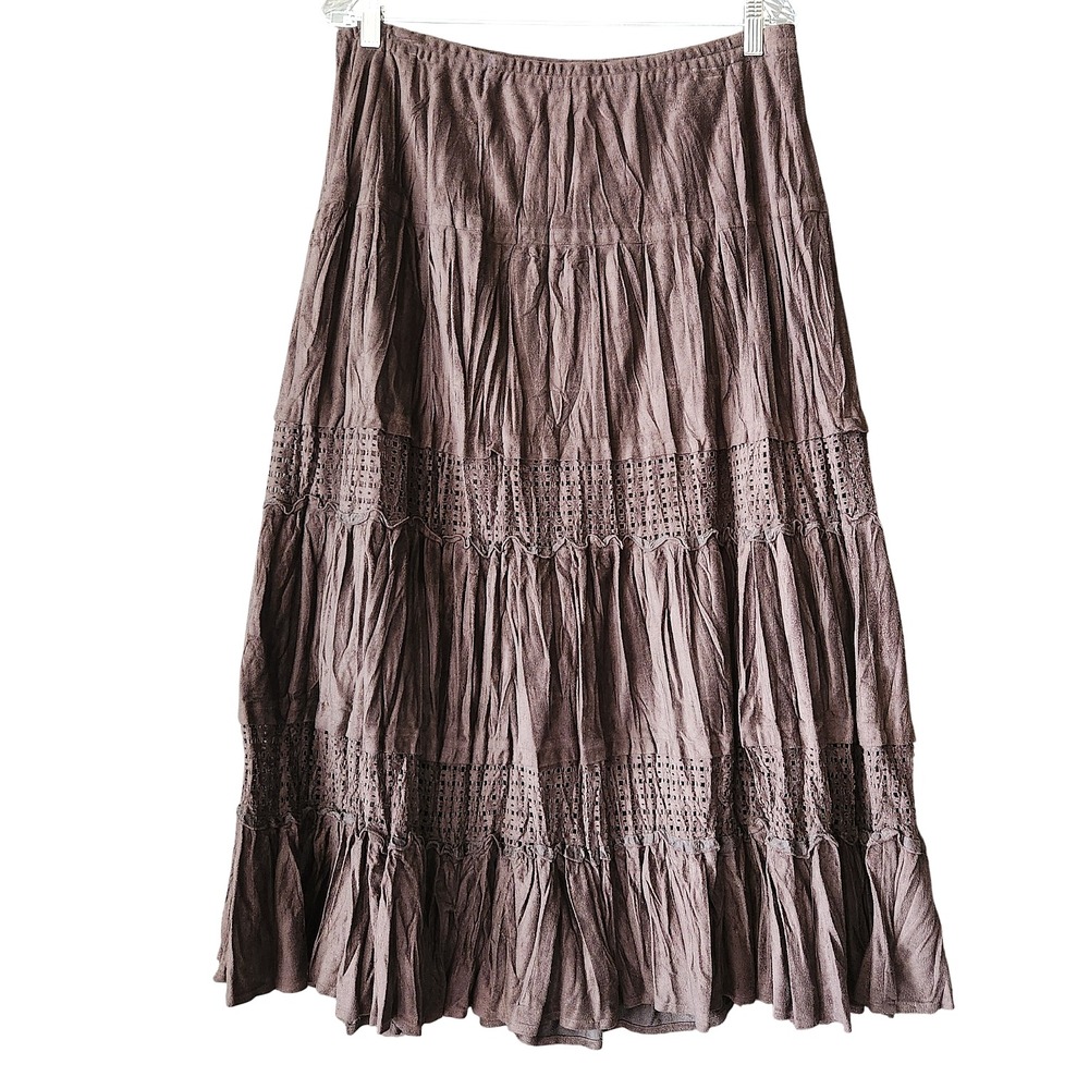 Faux Suede Maxi Tiered Skirt‎ XL Brown Grunge Boho Western Prairie Elastic Pull